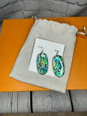 Kendra Scott Iridescent Green-Blue Abalone Drop Earrings with Silver Tone